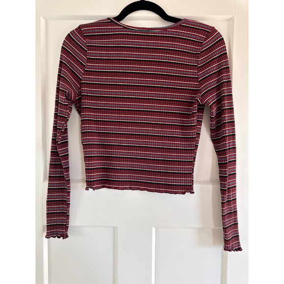 Gaze Striped Ribbed Knit Ruffle Trim Button Front Long Sleeve Top Medium - Picture 4 of 4